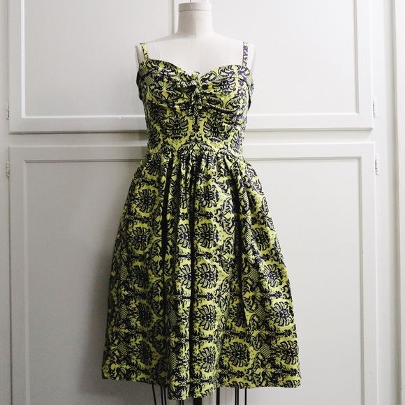 EUC Yellow Swing dress w/ blue damask print - Picture 2 of 7